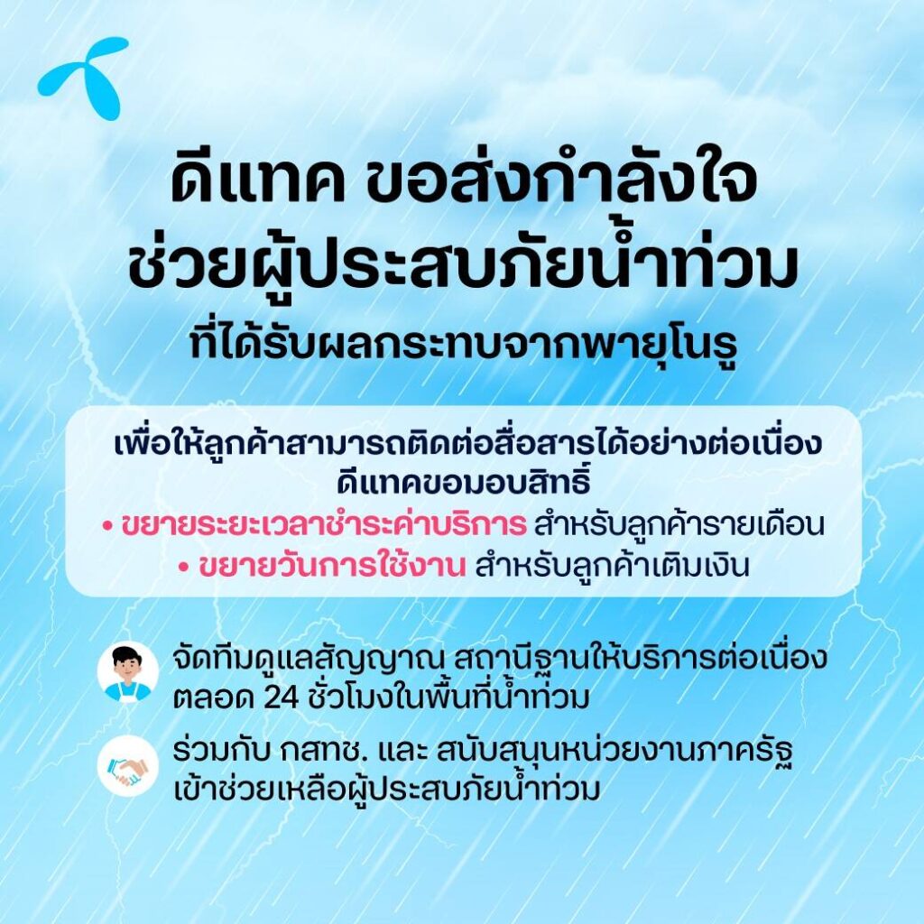 ดีแทค ขยายระยะเวลาการชำระค่าบริการ และอายุการใช้งานให้ลูกค้าดีแทค ผู้ประสบภัยพายุโนรู