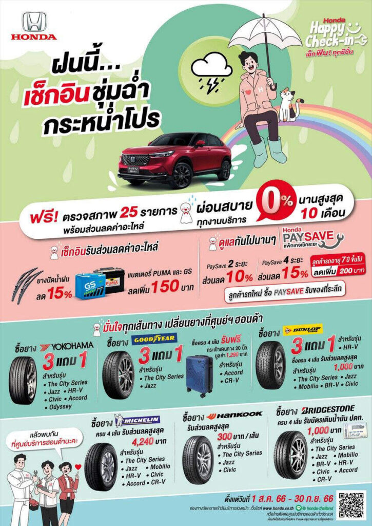 Honda ออกแคมเปญ “ฝนนี้…เช็กอินชุ่มฉ่ำ กระหน่ำโปรฯ” ตรวจสภาพรถฟรี พร้อมโปรโมชันยาง ตั้งแต่ 1 ส.ค. – 30 ก.ย. 66