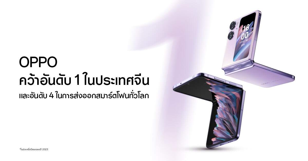 OPPO คว้าอันดับ 1 ในประเทศจีนและอันดับ 4 ในการส่งออกสมาร์ทโฟนทั่วโลก ในครึ่งปีแรกของปี 2023