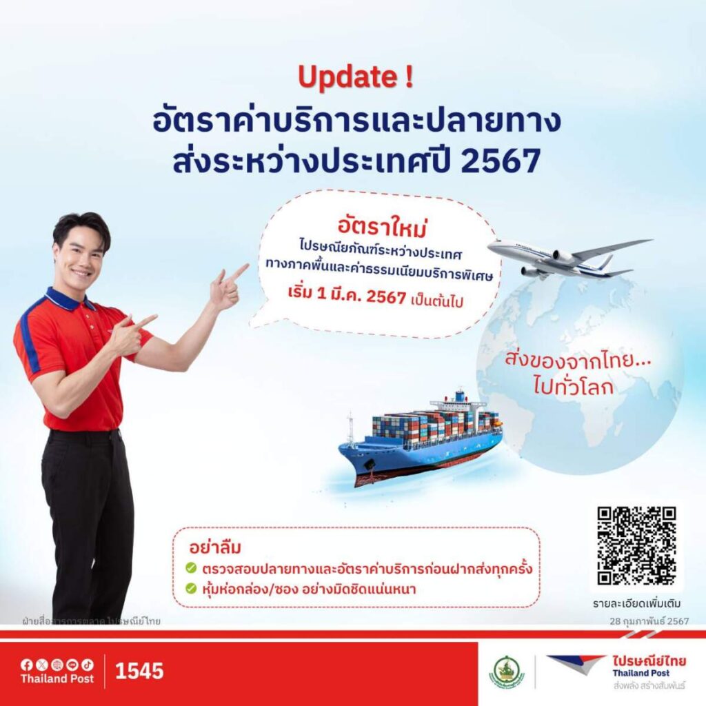 ไปรษณีย์ไทย แจ้งปรับอัตราใหม่ค่าบริการไปรษณียภัณฑ์ระหว่างประเทศทางภาคพื้น-ค่าธรรมเนียมบริการพิเศษ เริ่มแล้ววันนี้