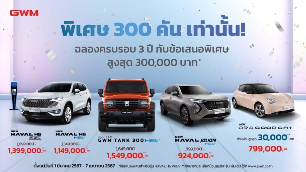 GWM ฉลองครบรอบ 3 ปี อัดโปรโมชันจำกัดเพียง 300 คันเท่านั้น รับดีลพิเศษได้แล้วตั้งแต่วันนี้จนถึง 7 เมษายนนี้