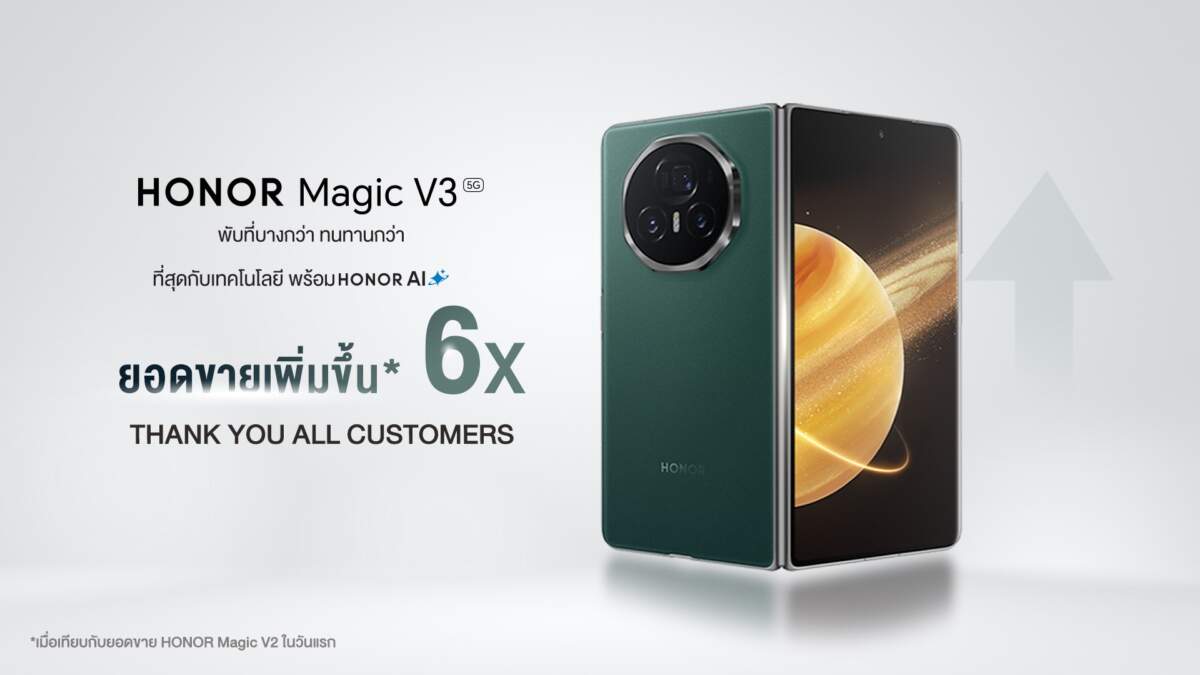 HONOR Magic V3 ยอดจองวันแรกเพิ่มขึ้น 6 เท่า จากรุ่นก่อน เผยกระแสตอบรับดีเกินคาด ทะยานสู่ความสำเร็จครั้งใหม่ของสมาร์ตโฟนจอพับ