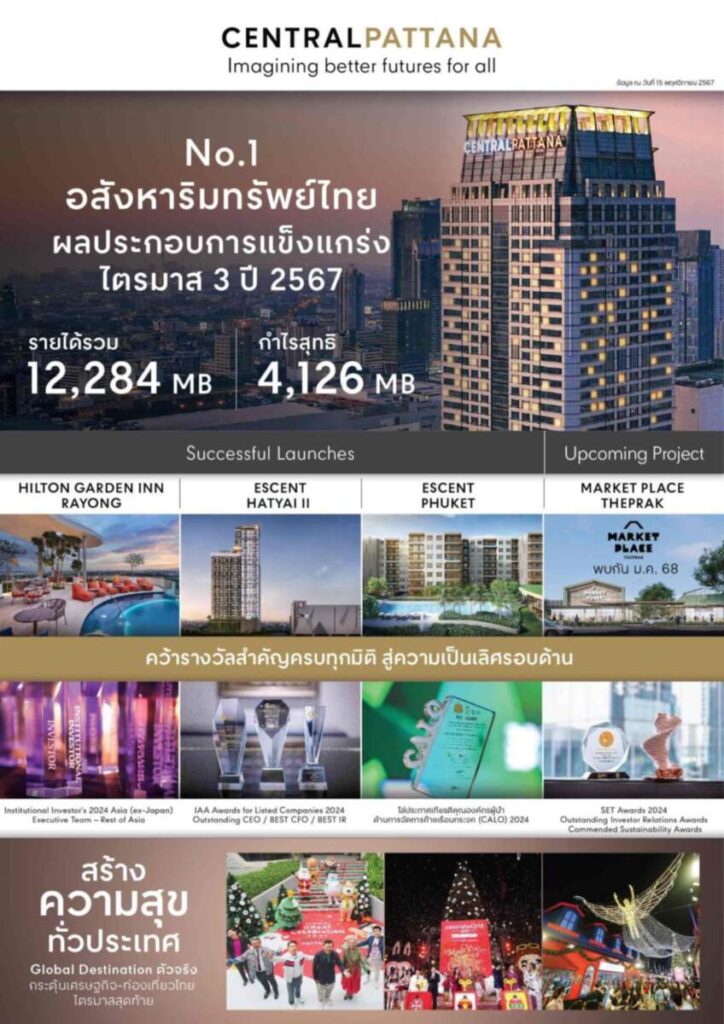 เซ็นทรัลพัฒนา ไตรมาส 3 ปี 67 รายได้รวม 12,284 ล้านบาท กำไรสุทธิ 4,126 ล้านบาท